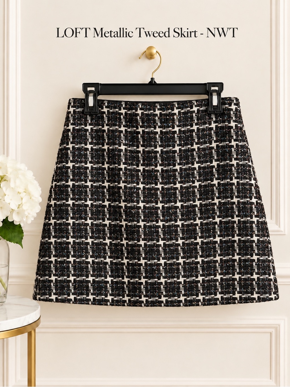 LOFT Black & White Metallic Tweed A-Line Skirt - NWT
